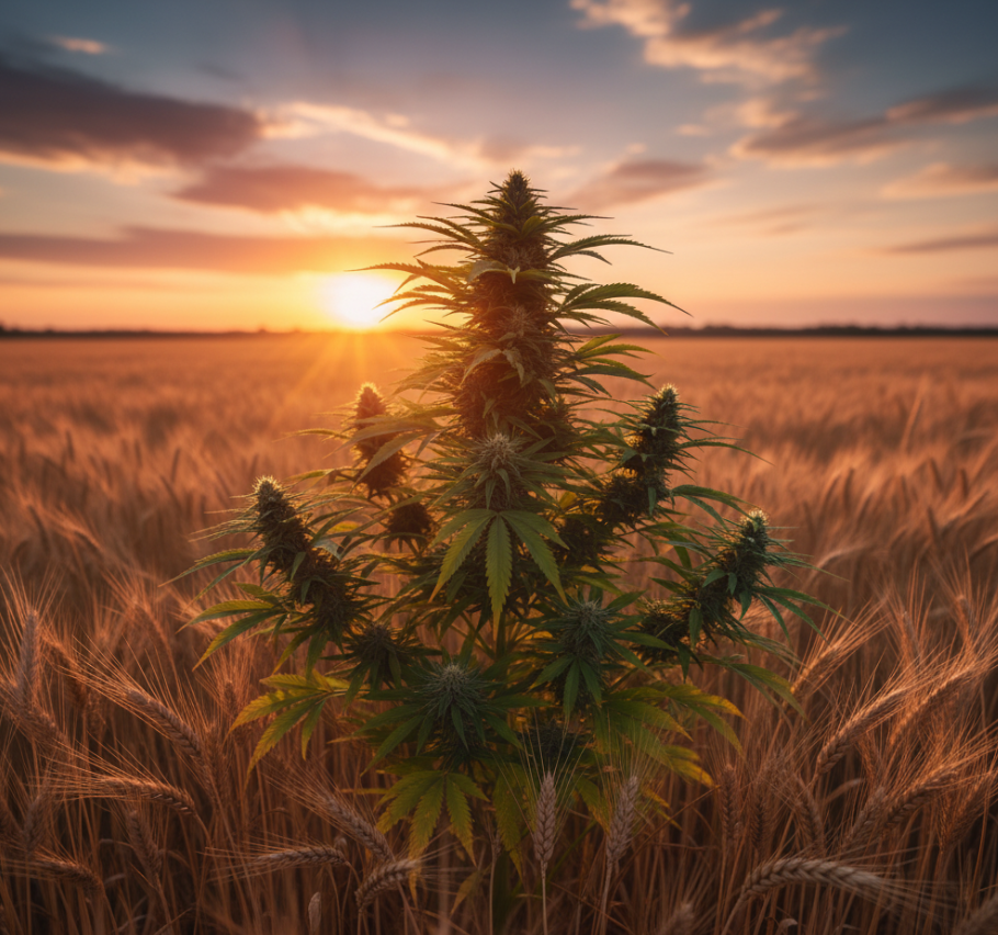 A minimalist composition of cannabis seeds on a light wooden surface