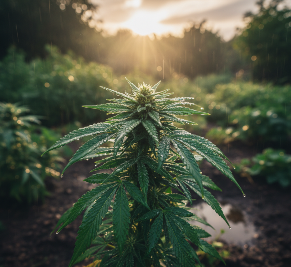 Close-up of delicate trichomes on a maturing cannabis flower